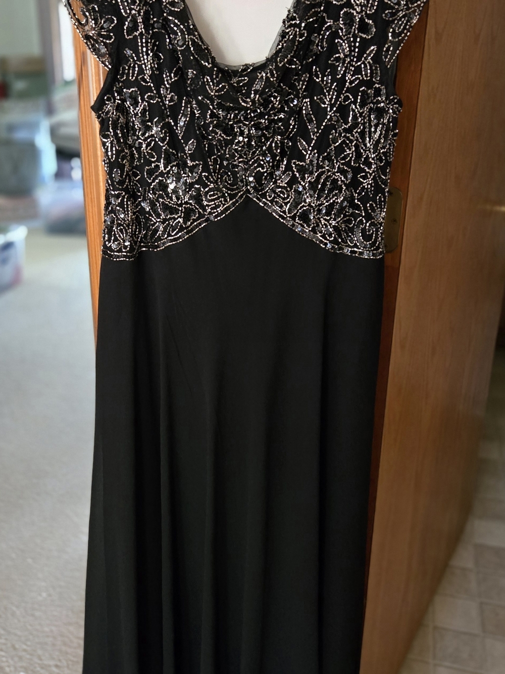 J Kara Black Maxi Dress with Silver Beaded Floral Bodice